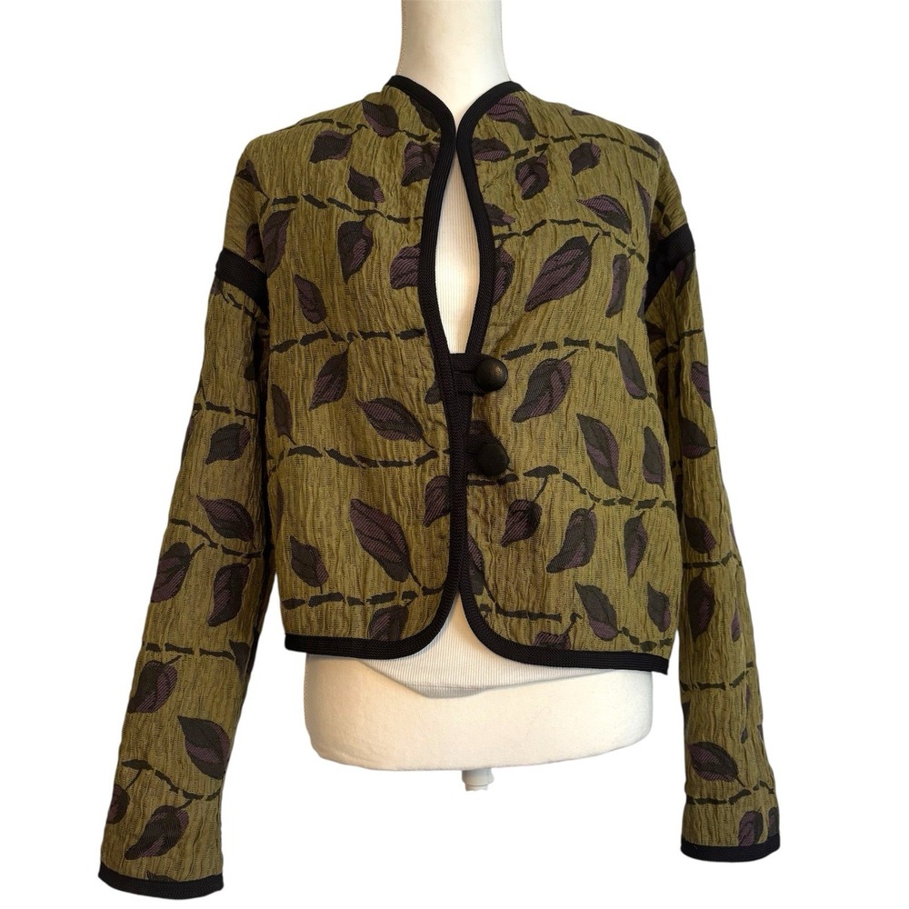 Womens Reversible Short Jacket Green Purple Leaves Button Front Boho‎ Sz Medium